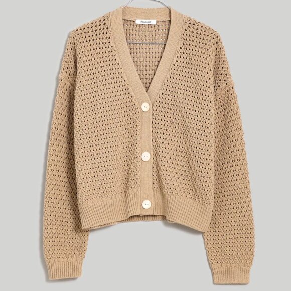 Madewell Open-Stitch Crop Cardigan Sweater 100% Cotton, Tan Light Brown, Medium - Picture 2 of 12